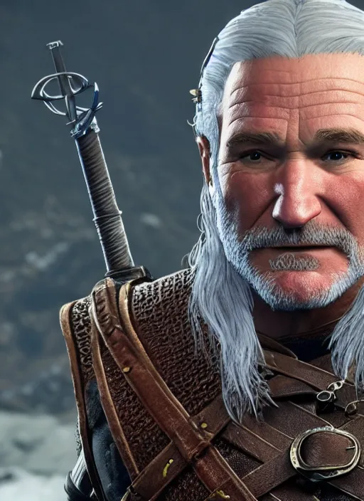 Prompt: Robin Williams in The Witcher 3, gameplay, 8k, HD