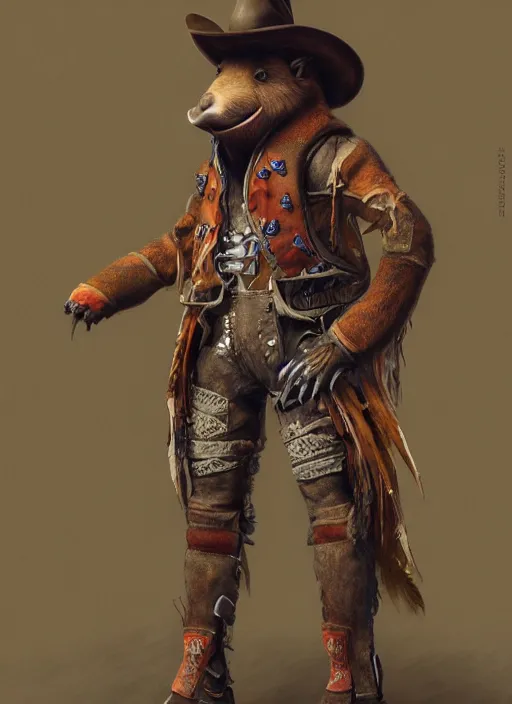 Image similar to detailed full body concept art illustration oil painting of an anthropomorphic capybara cowboy in full intricate clothing by Diane Whitehead, biomutant, ultra detailed, digital art, octane render