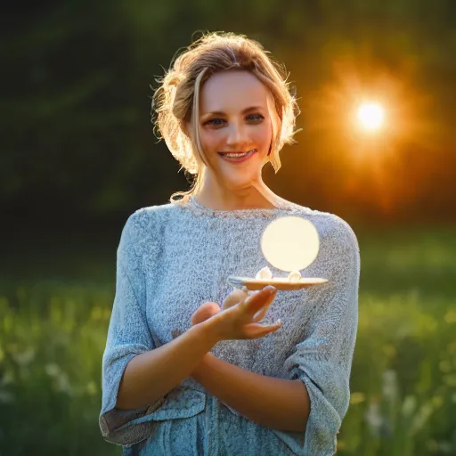 Image similar to beautiful advertising photo of a woman holding scented soap bars up to the viewer, smiling, summer outdoors photography at sunrise, bokeh, bloom effect