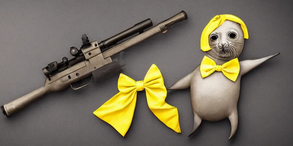 Prompt: a seal with a yellow bow tie holding a rifle and a severed hand