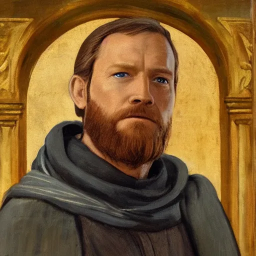 Image similar to a portrait painting of obi wan kenobi from star wars in a renaissance style hanging in the louvre