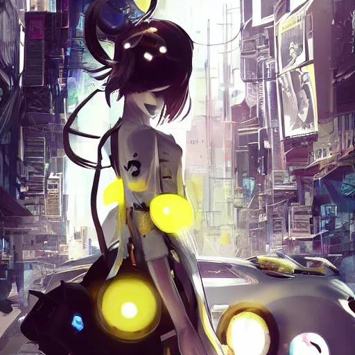 Image similar to luxury advertisement, white and yellow colors. highly detailed post-cyberpunk sci-fi close-up schoolirl in asian city in style of cytus and deemo, mysterious vibes, by Ilya Kuvshinov, by Greg Tocchini, nier:automata, set in half-life 2, beautiful with eerie vibes, very inspirational, very stylish, surrealistic, perfect digital art, mystical journey in strange world, bastion game