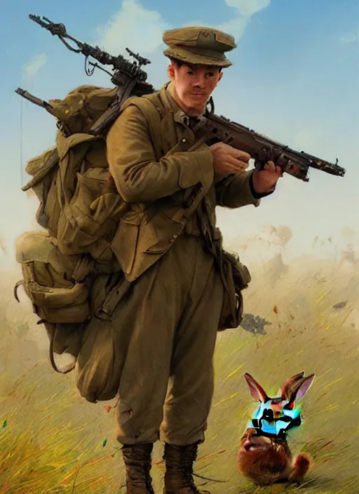 Prompt: peter rabbit as a us marine, world war 2, digital art by eugene de blaas and ross tran, vibrant color scheme, highly detailed, in the style of romanticism, cinematic, artstation, greg rutkowski