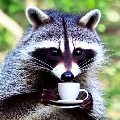 Prompt: mad racoon drinking coffee