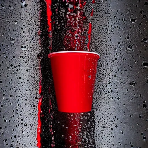 Prompt: a red solo cup dripping condensation