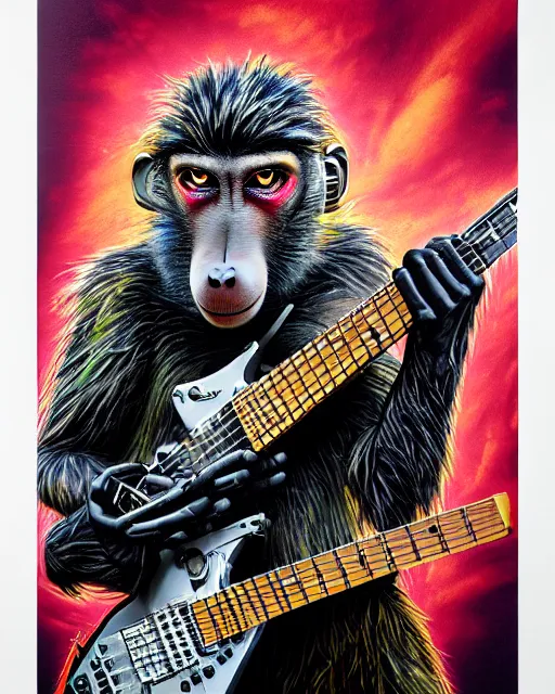 Image similar to a portrait of an anthropomorphic cyberpunk baboon shredding an electric guitar by sandra chevrier, by jon foster, detailed render, tape deck, epic composition, cybernetics, 4 k realistic, cryengine, realistic shaded lighting, sharp focus, masterpiece, by enki bilal