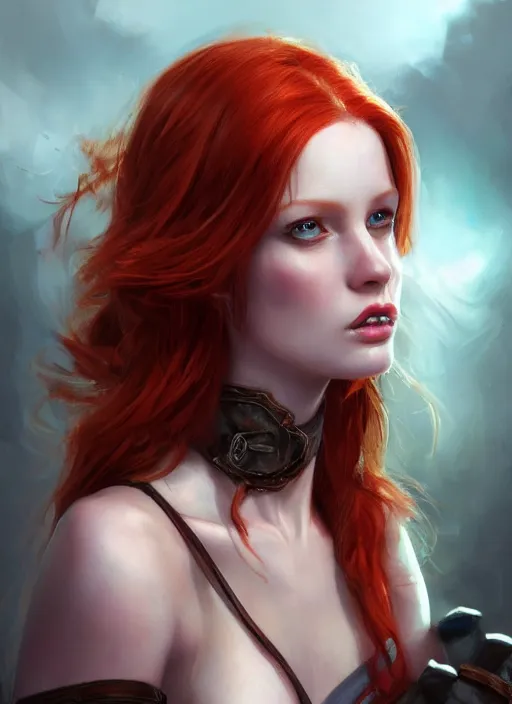 Image similar to Beautiful redhead girl which chest wrapped in bandages, portrait, fantasy, medieval, vivid colors, fantasy, elegant, concept art, sharp focus, beautiful face, digital art, Hyper-realistic, 4K, Unreal Engine, Highly Detailed, HD, Dramatic Lighting by Brom, trending on Artstation