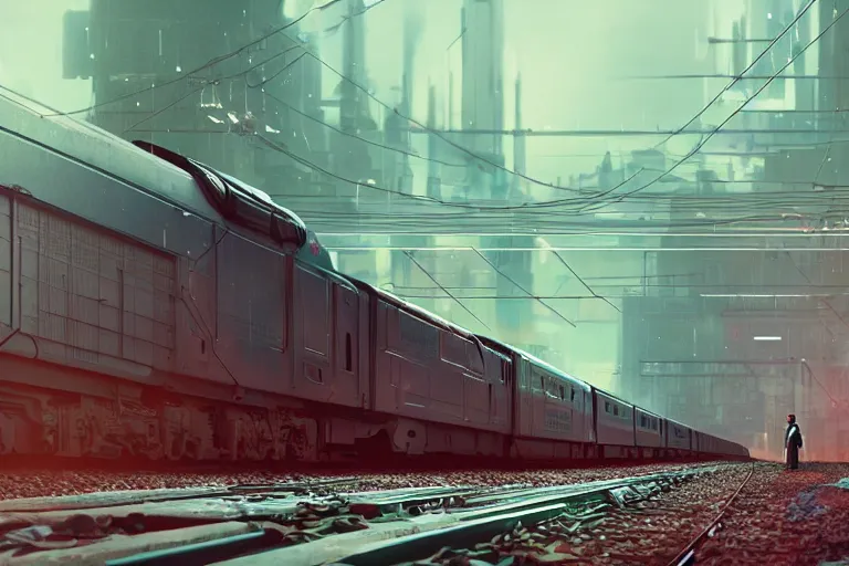 Image similar to a man standing in front of a train on a train track, cyberpunk art by mike winkelmann, trending on cgsociety, retrofuturism, reimagined by industrial light and magic, darksynth, sci - fi