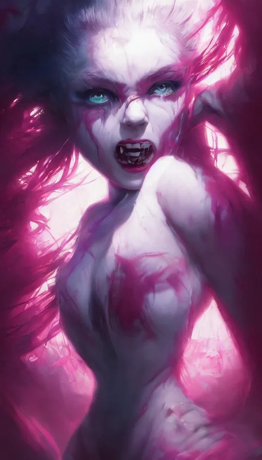 Image similar to shot of fiesty girl with pouty aerochrome ( ( ( lips ) ) ), powerful, adorable, expressive eyes, big evil grin, kawaii playful pose of a dancer, greg rutkowski, charlie bowater, yuumei, stephen gammell, unreal 5, daz, hyperrealistic, dark, dynamic lighting, fantasy art, beautiful face