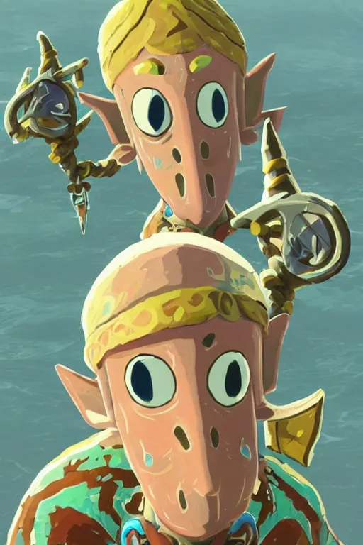 Image similar to an in game portrait of squidward from the legend of zelda breath of the wild, breath of the wild art style.