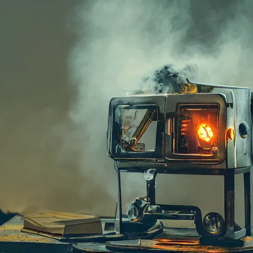 Image similar to head of toaster oven mecha, dark messy smoke - filled cluttered workshop, dark, dramatic lighting, orange tint, cinematic, highly detailed, sci - fi, futuristic, movie still