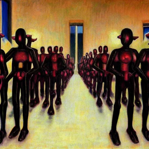 Prompt: cyborg disciples in a grand processional, capital plaza, grant wood, pj crook, edward hopper, oil on canvas