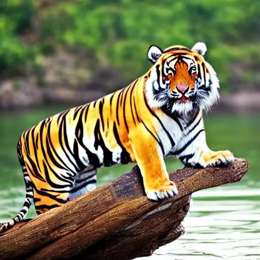 Image similar to a mighty Chinese tiger standing on a log ready to hunt prey in the water