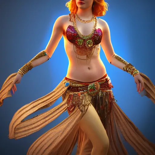 Image similar to full body portrait of emma stone, she is dressed as a belly dancer,, arabian night, in focus sharp face with fine details, a human hand in a video game, volumetric lightening, octane render, high quality, fully detailed, 4 k, alphonse mucha, masterpiece, stunning