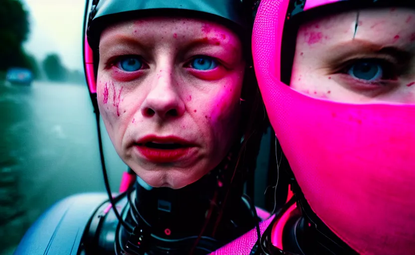 Image similar to cinestill 5 0 d candid photographic portrait by helen levitt of two cyborgs wearing rugged neon pink mesh techwear in treacherous waters, extreme closeup, modern cyberpunk moody depressing cinematic, pouring rain, 8 k, hd, high resolution, 3 5 mm, f / 3 2, ultra realistic faces, ex machina