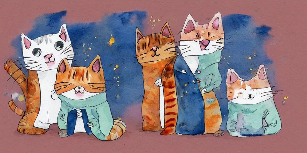 Image similar to watercolor illustration style, cute! cats!!! in jackets grow up like specialist and became professionals, business, inspiring art