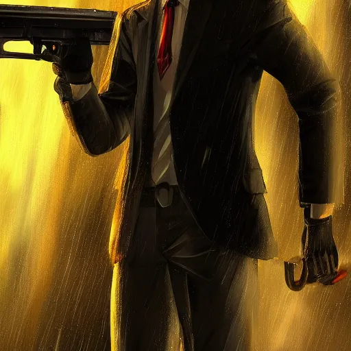 Prompt: a hitman holding a gun crouched behind a corner. Raining, atmospheric lighting, rooftop. Makoto Shinkai, anime, trending on ArtStation, digital art.