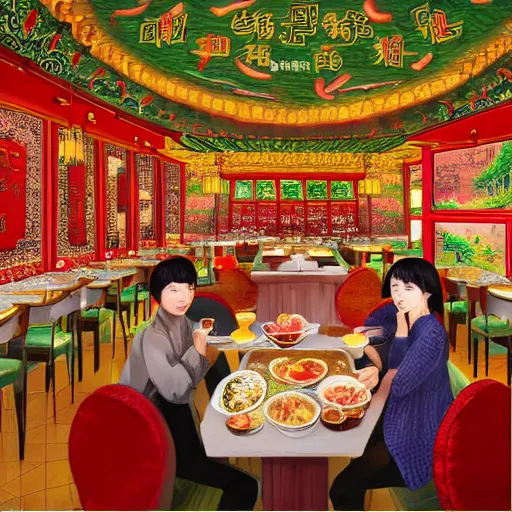 Image similar to a beautiful hyperdetailed interior 4 k hd wallpaper illustration of roasted string hotpot restaurant restaurant yan'an, wall painting, from china, with merchant logo, people are eating kebabs, fine delicate structure, surrealistic, chinese style, victo ngai