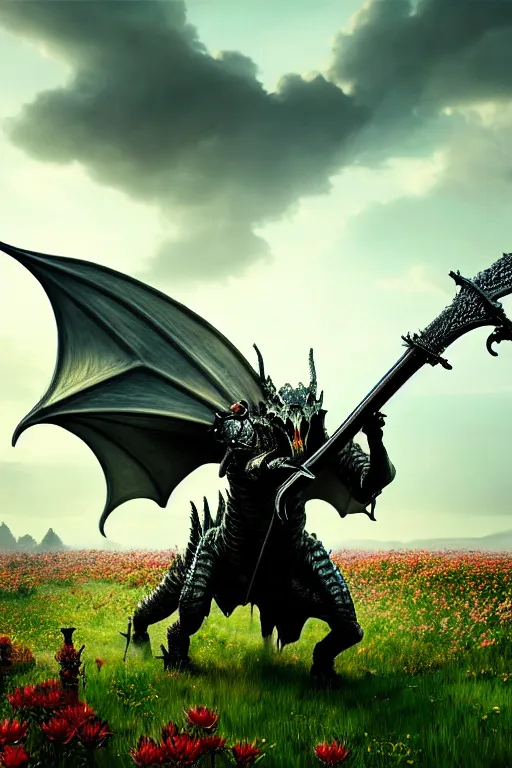 Image similar to hyperrealistic neo - gothic cinematic armored dragon holding sword in a field of flowers, highly detailed video game concept art masterpiece, vitaly bulgarov dramatic low light, ground angle uhd 8 k, sharp focus