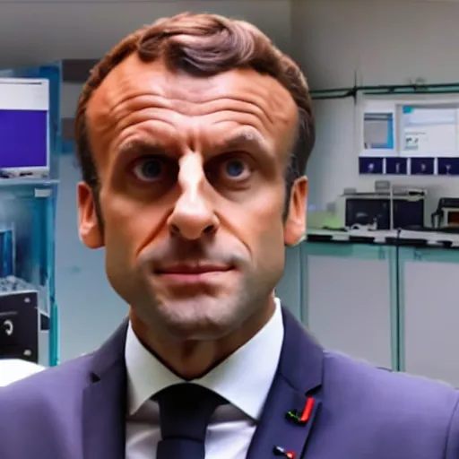 Image similar to cctv screenshot of Emmanuel Macron in a science lab