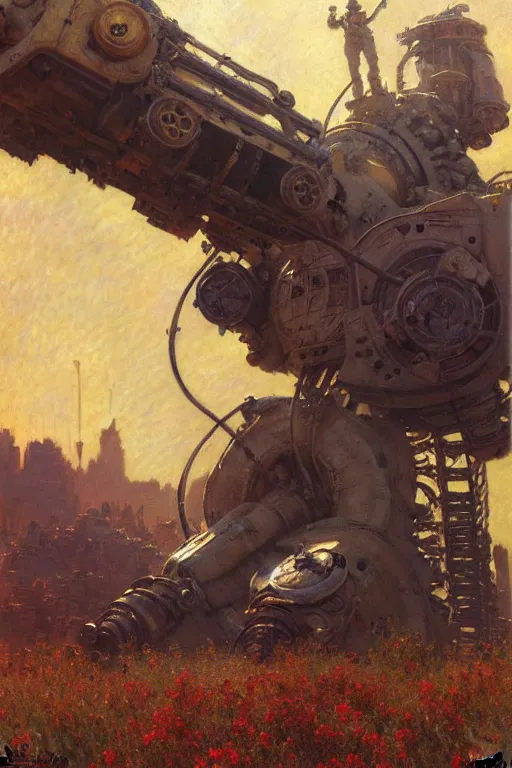 Image similar to fallout, huge machine robot, cool tint, painting by, gaston bussiere, craig mullins, j. c. leyendecker, claude monet