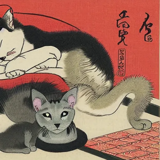 Prompt: Ukiyo-e painting of a dog and a cat sleeping
