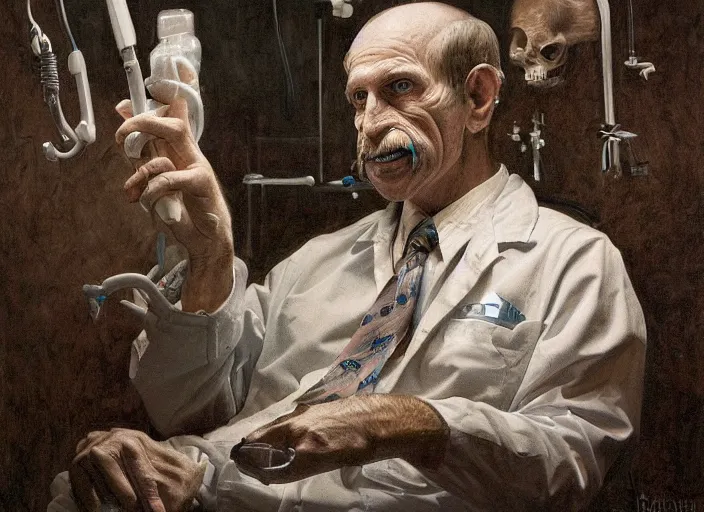 Prompt: a highly detailed spooky portrait of a dentist, james gurney, james jean