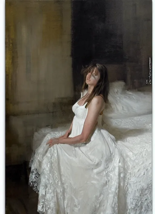 Prompt: portrait painting of a woman posing in an artistic over a bed, white lace wedding dress by jeremy mann, only one head single portrait