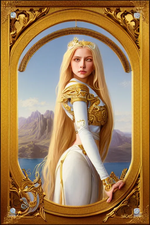 Image similar to portrait of a humanoid princess with long blonde hair, standing next to a beautiful view, ornate white officers outfit with gold embellishments, intricate, elegant, highly detailed, digital painting, artstation, concept art, smooth, sharp focus, illustration, art by artgerm and greg rutkowski and alphonse mucha, 8 k