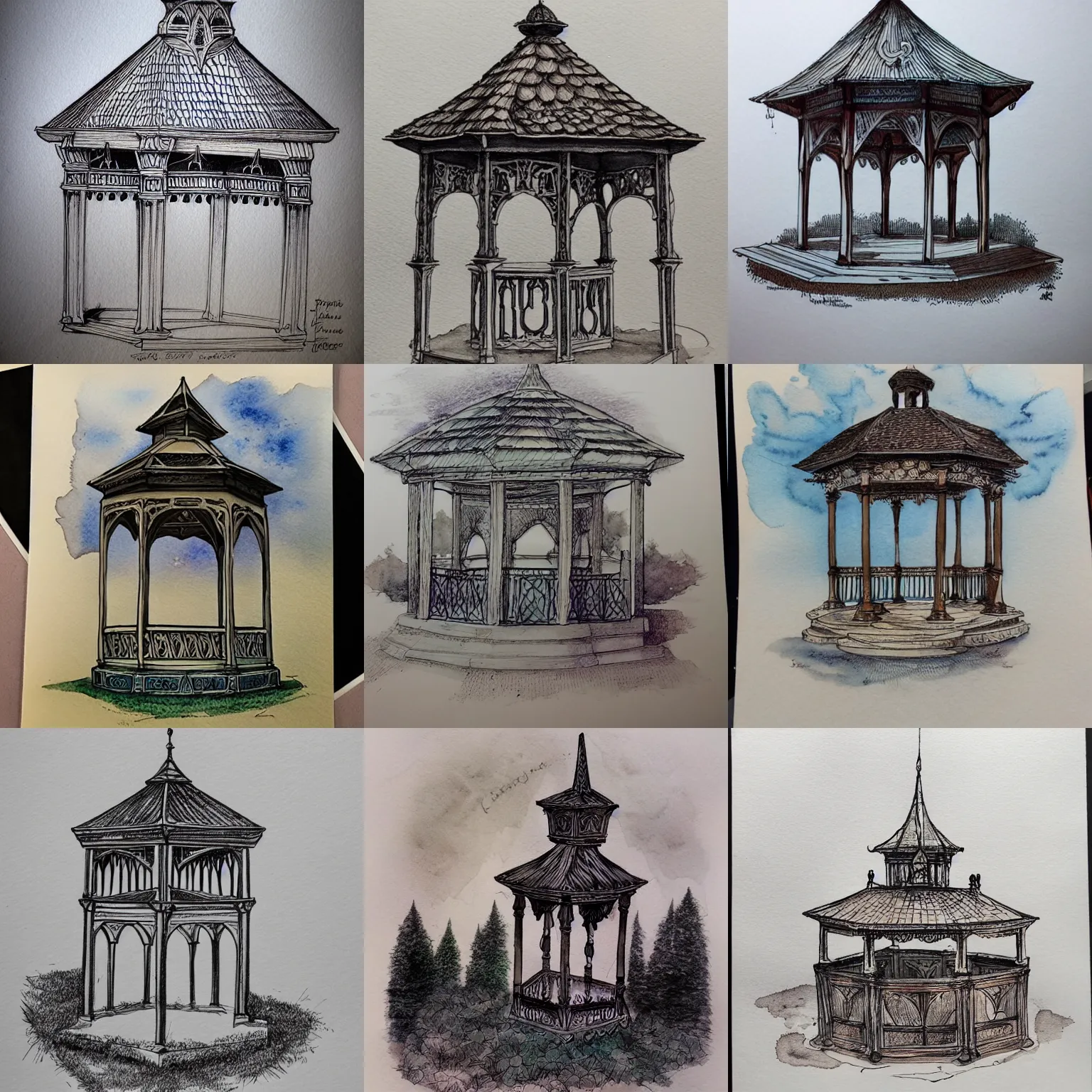 Prompt: beautiful aesthetic inspirational masterful professional ink pen and watercolor sketch of an occult mystic gazebo, ultra detailed, fine details, trending on artstation, high quality paper