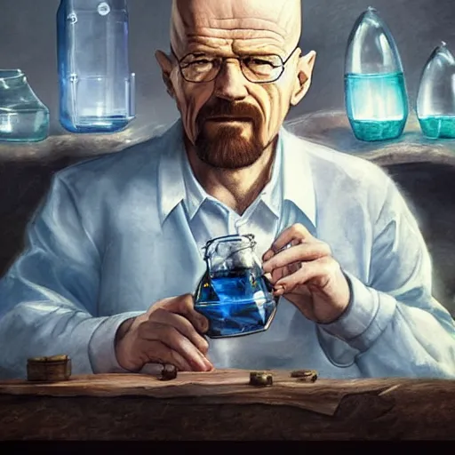 Prompt: Walter White as an Alchemist Making the Potion of Solid Rocks, Fantasy Illustration by Tony Sart, Trending on artstation