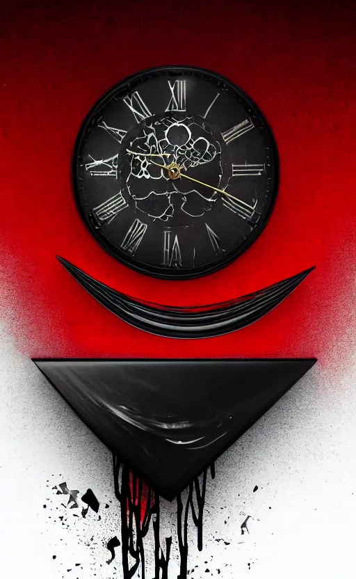 Image similar to a melting Roman numeral clock, behind a red and black gradient background, awith a black heart shaped on the top left corner and a black diamond card shape in the bottom right corner, dynamic lighting, photorealistic fantasy concept art, trending on art station, stunning visuals, cinematic, creative, ultra detailed