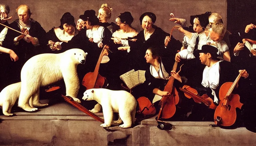 Image similar to a painting of a polar bear directing orchestra at the theatre by Caravaggio, elegant