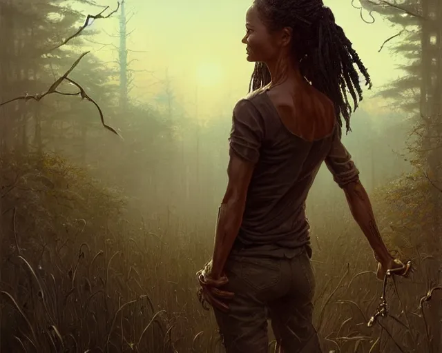 Image similar to highly detailed portrait of thandie newton in the walking dead, stephen bliss, unreal engine, fantasy art by greg rutkowski, loish, rhads, ferdinand knab, makoto shinkai and lois van baarle, ilya kuvshinov, rossdraws, tom bagshaw, global illumination, radiant light, detailed and intricate environment