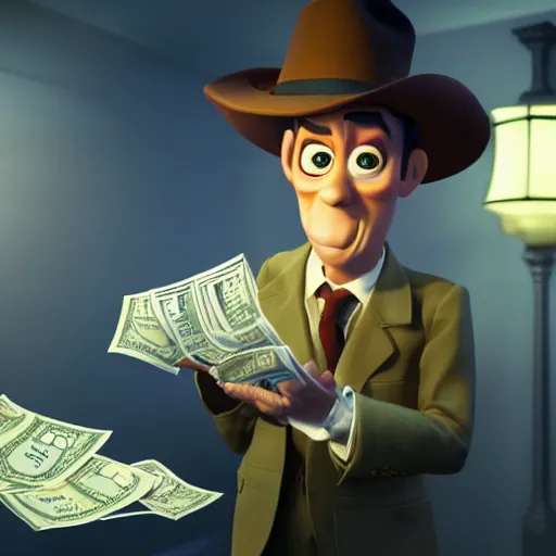 Image similar to portrait of bookmaker with money in hands sly cunning pixar style animation 3d extremely gloomy lighting, shining light and shadow, atmospheric, cinematic, unreal Engine, 8K