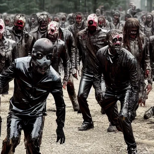 Prompt: walking dead still, a man wearing a shiny black latex full body suit and mask covered in vaseline sliding through a huge horde of zombies