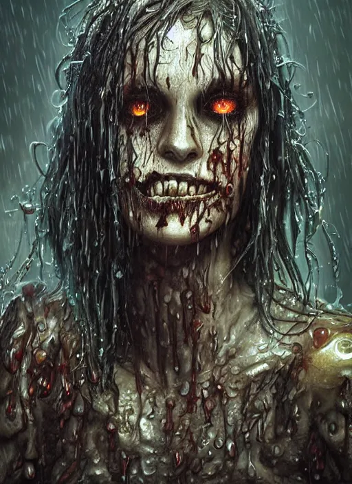 Image similar to digital painting of a wet zombie in the rain by filipe pagliuso and justin gerard, fantasy, highly detailed, realistic, intricate, glowing eyes