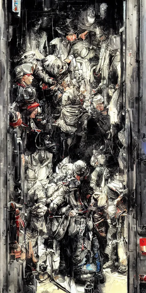 Image similar to oil painting scene from elevator by kim jung gi