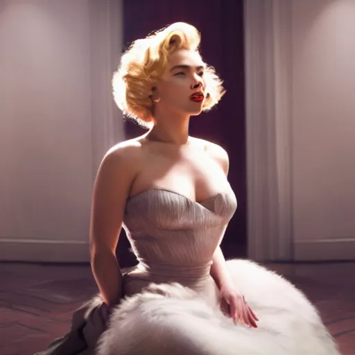 Image similar to stunning awe inspiring scarlett johansen as marilyn monroe, movie still 8 k hdr atmospheric lighting