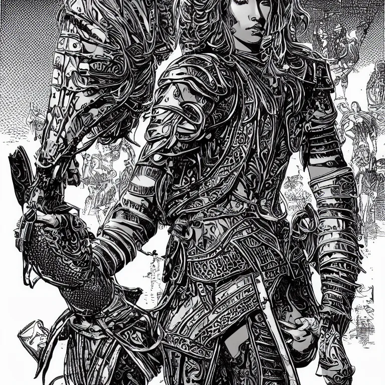 Image similar to jennifer anniston as an amazon warrior, a tall beautiful woman with brown skin and long hair, dressed in hellenistic body armour, intricate, elegant, highly detailed, smooth, sharp focus, detailed face, high contrast, graphic novel, art by laurie greasley