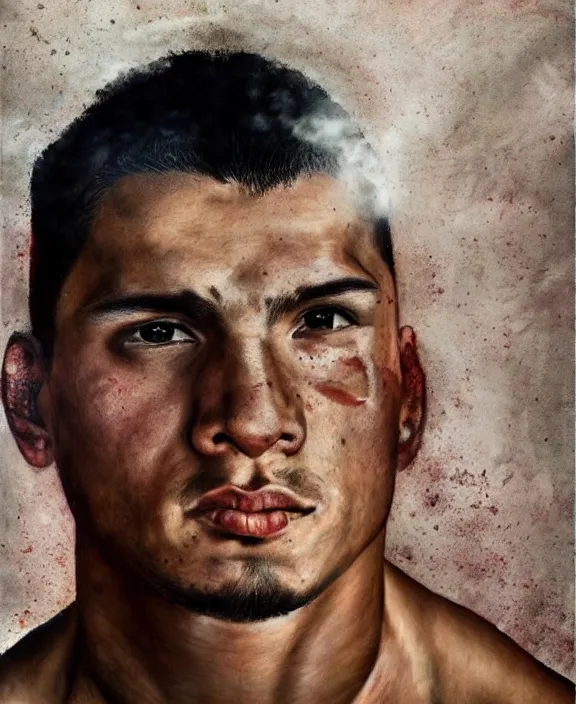 Prompt: heroic portrait of a handsome young mexican ufc fighter, art by denys tsiperko and bogdan rezunenko, hyperrealism