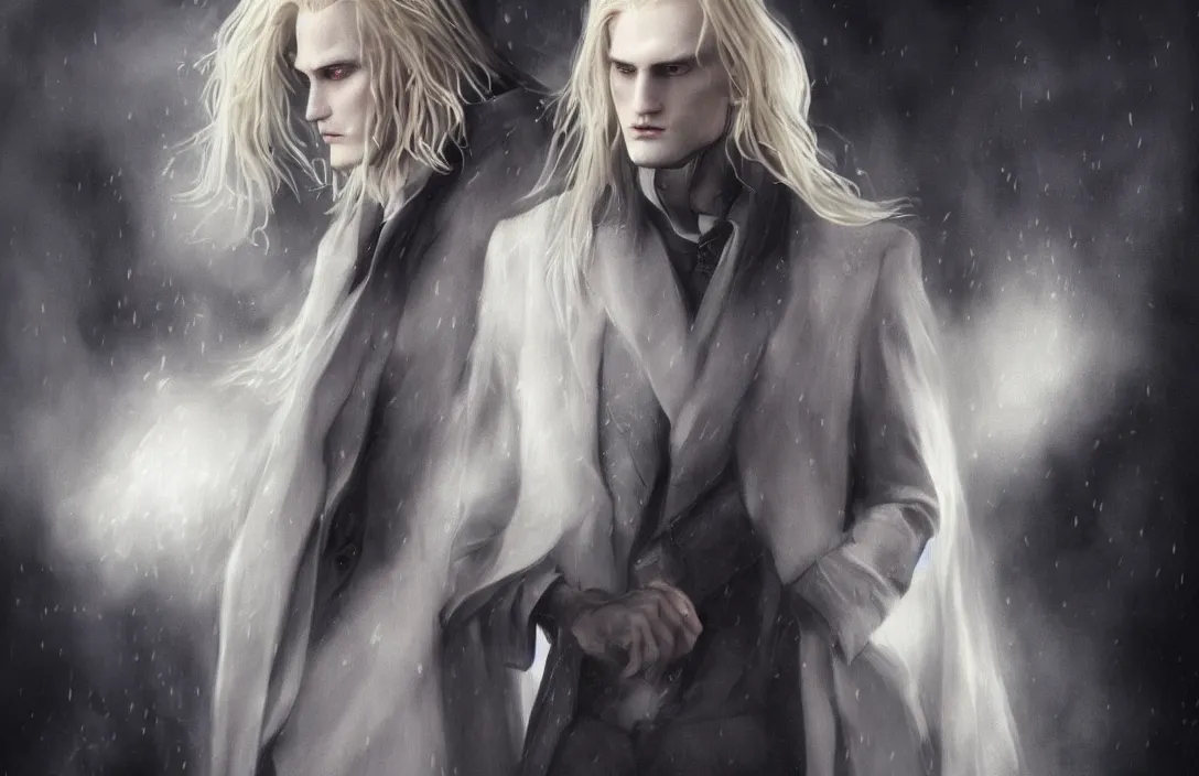 Prompt: a realistic detail portrait of a beautiful johan liebert and his evil alter ego alucard in middle earth, long blond hair, very very very light pale white skin, glowing eyes, clear composition, beautiful long blond hair, raining, mist, magic, dragon, goth by Julian calle, wlop, greg rutkowski, Finnian MacManus, Trending on artstation, black and yellow scheme, 8k, RE Engine