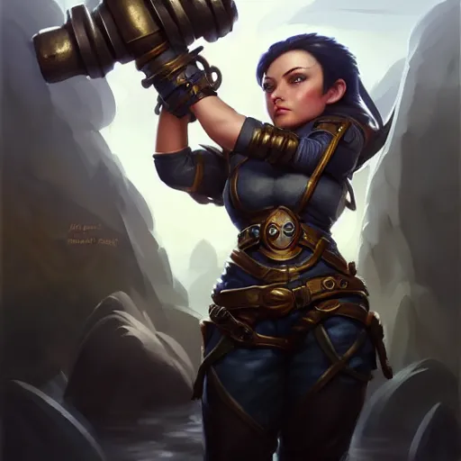 Image similar to muscular female gnome engineer artificer, metal gauntlet, short black hair, naval landscape, full body portrait, d & d, fantasy, intricate, elegant, highly detailed, digital painting, artstation, centred, rule of thirds, concept art, matte, sharp focus, illustration, cover by artgerm, art by greg rutkowski