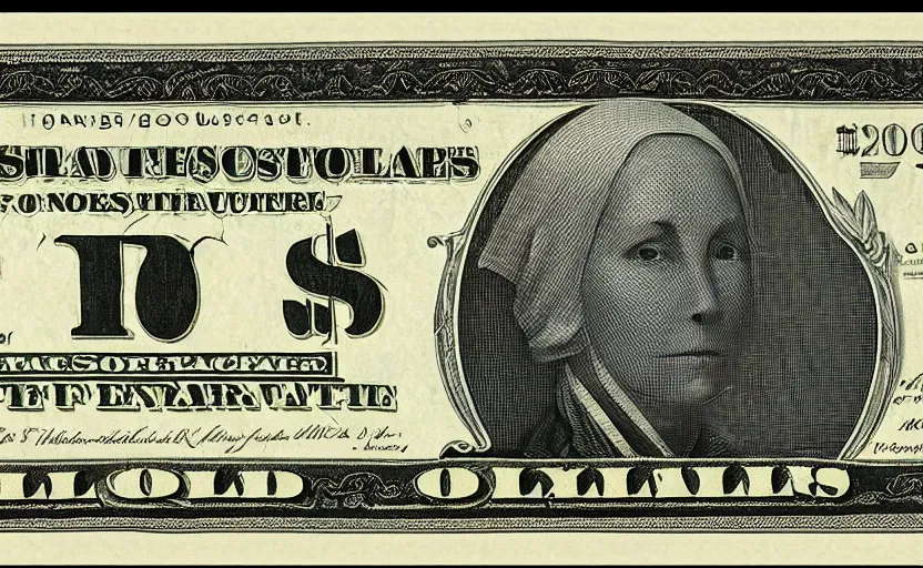 Prompt: rectangular photograph of twenty dollar u. s. currency note featuring harriett tubman