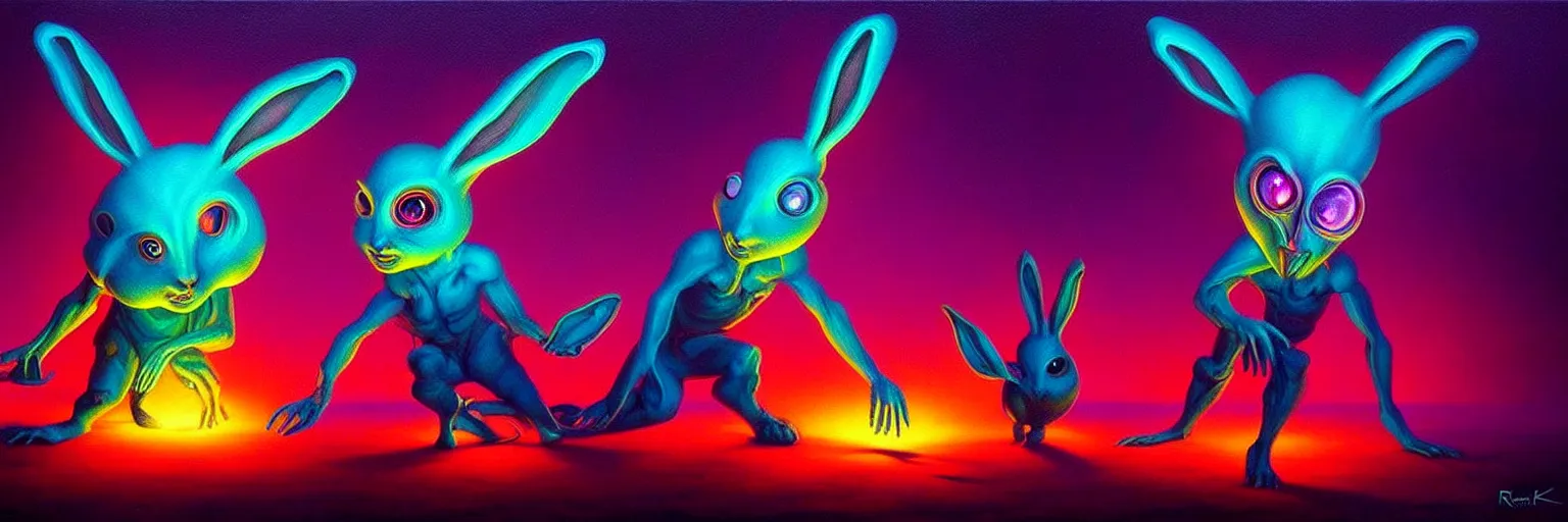 Image similar to strange alien bunny creatures from the depths of the collective unconscious, dramatic lighting, surreal darkly colorful painting by ronny khalil