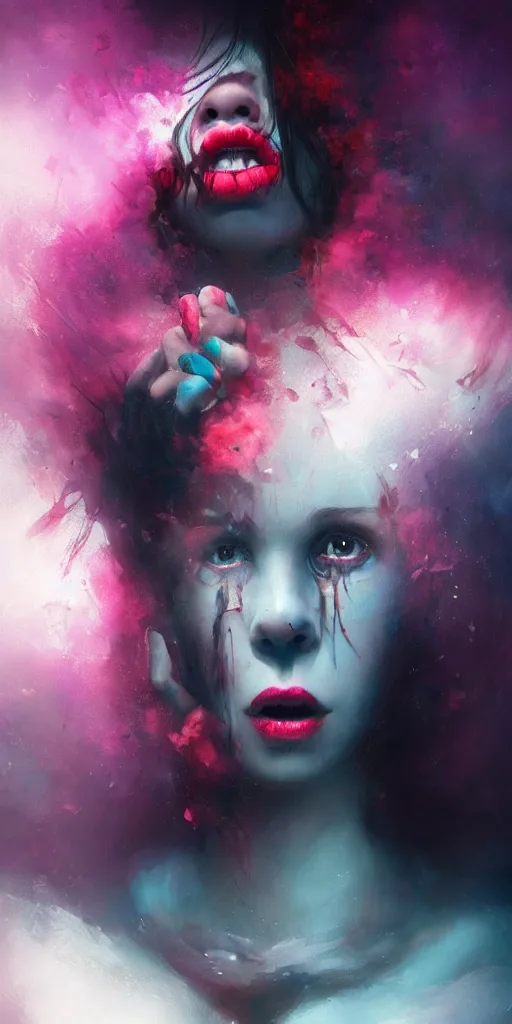 Prompt: shot of sinister girl with pouty aerochrome lips, fungal, adorable, expressive eyes, playful pose of a dancer, greg rutkowski, charlie bowater, yuumei, stephen gammell, unreal 5, daz, hyperrealistic, octane render, dark, dynamic lighting, fantasy art, beautiful face