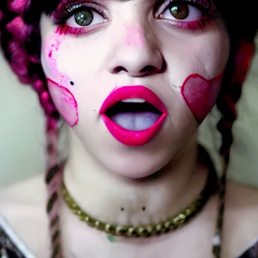 Prompt: melanie martinez, a still of an horror movie, aesthetics