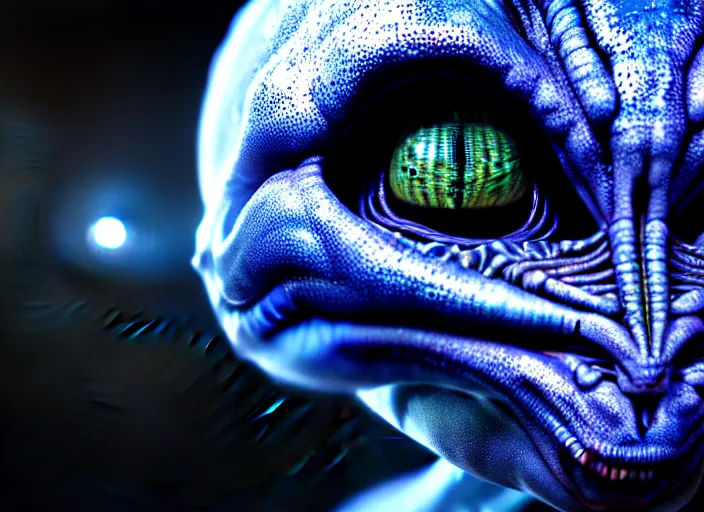 Image similar to hyperrealism, detailed textures, photorealistic 3 d render, an alien with cobalt coloured eyes in a super star system from 5 million years ago, sharp focus, ultra realistic, ultra high pixel detail, cinematic, intricate, cinematic light, concept art, illustration, art station, unreal engine 8 k