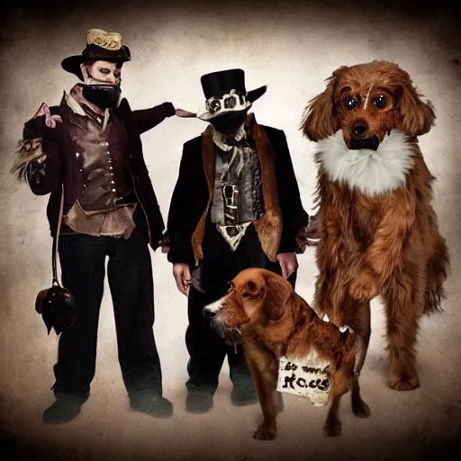 Prompt: portrait of a ragtag team of three dogs dressed as thieves in a dark haunted steampunk setting