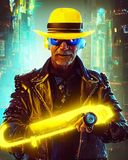 Prompt: an intimate portrait of a gnarly human cyberpunk captain, old skin, faded fedora, charming, strong leader, metal eye piece, a look of cunning, big smile, detailed matte fantasy painting, golden cityscape, lasers, sparks, yellow and blue and cyan, unreal engine